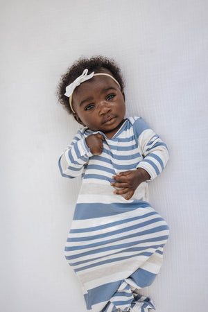 Knotted Gown | Steel Blue, Ivory & Oatmeal Stripe - LITTLEMISSDESSA